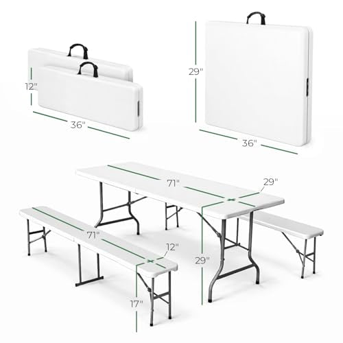 EconoHome 6 Ft White Plastic Folding Table Set with 2 Benches – Heavy-Duty Picnic Table & Bench Set, Space-Saving, Indoor/Outdoor, Seats 6-8, Easy Storage & Transport