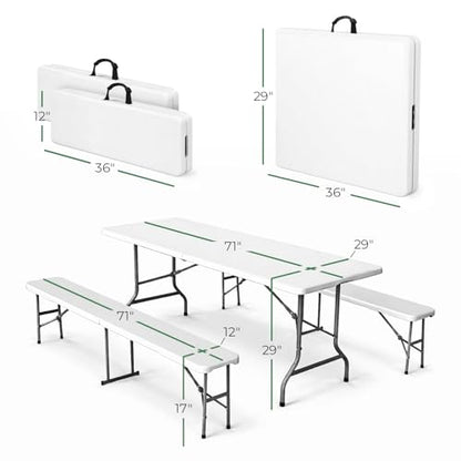 EconoHome 6 Ft White Plastic Folding Table Set with 2 Benches – Heavy-Duty Picnic Table & Bench Set, Space-Saving, Indoor/Outdoor, Seats 6-8, Easy Storage & Transport