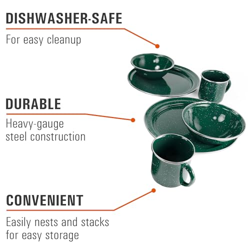 GSI Outdoors Pioneer Enamel 12 Pieces (4-Person) Dish Set I Enamelware Dishes Including Plates, Bowls and Mugs for Camping, Outdoors, RV, Camp, Green