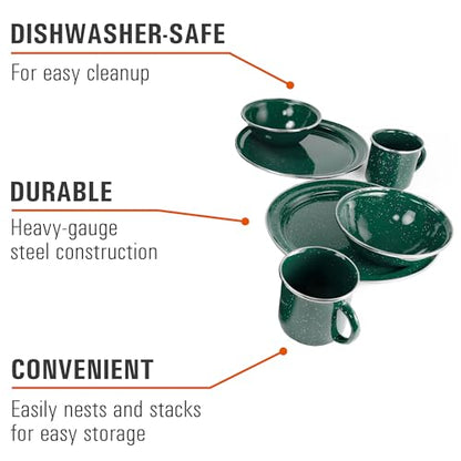 GSI Outdoors Pioneer Enamel 12 Pieces (4-Person) Dish Set I Enamelware Dishes Including Plates, Bowls and Mugs for Camping, Outdoors, RV, Camp, Green