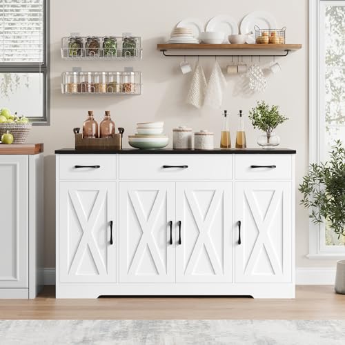 HOSTACK Buffet Sideboard Cabinet with Drawers, 55" Large Buffet Storage Cabinet with Shelves and Doors, Modern Farmhouse Coffee Bar Station Wood Kitchen Table for Kitchen, Dining Room, White/Black - color: White/Black