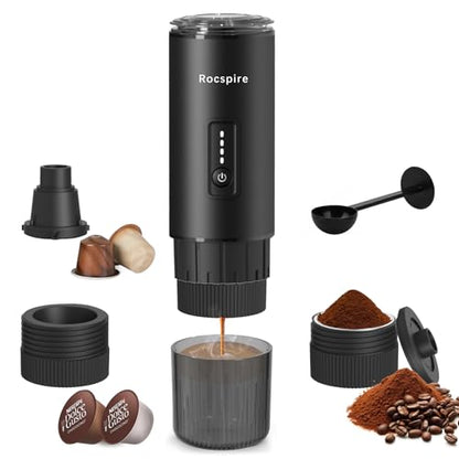 3-in-1 Portable Espresso Maker 20 Bar Self-Heating Stainless Steel Fits Ground Coffee & Nespresso Capsules USB-C Rechargeable for Camping Car Hiking Office - color: Black
