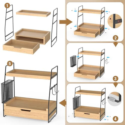 2-Tier Bathroom Counter Organizer with Drawer and Removable Basket, Wood Vanity Countertop Storage for Perfume, Makeup, Skincare, Bathroom Counter Shelf, 13" x 7.9" x 14.5", Light Brown - color: Light Brown