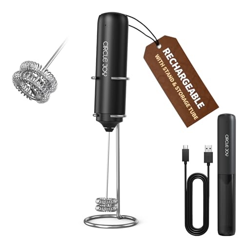 CIRCLE JOY Rechargeable Milk Frother Hanheld with Stand, Dual Coil Whisk Head Electric Coffee Frother, Portable Hand Frother Wand Drink Mixer for Matcha Lattes Cappuccino, Kitchen Gifts, Black - color: Stand & Storage Cover Black, size: Rechargeable