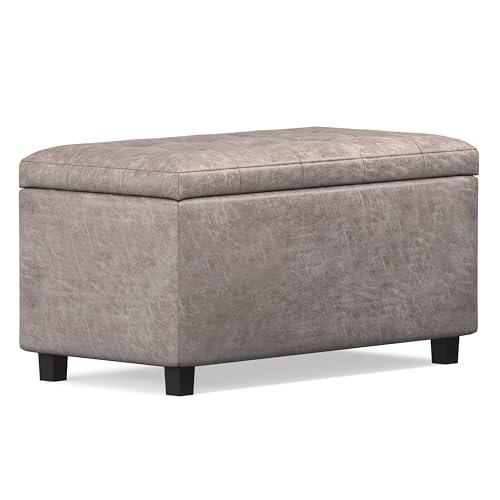 SIMPLIHOME Cosmopolitan Storage Ottoman - 34 inch Wide Upholstered Vegan Leather Rectangle Storage Ottoman Bench in Distressed Grey Taupe, Transitional Tufted Ottoman for Living Room with Lift-Up Lid - color: Distressed Grey