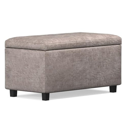 SIMPLIHOME Cosmopolitan Storage Ottoman - 34 inch Wide Upholstered Vegan Leather Rectangle Storage Ottoman Bench in Distressed Grey Taupe, Transitional Tufted Ottoman for Living Room with Lift-Up Lid - color: Distressed Grey