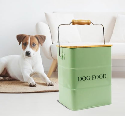 Morezi Dog Treat and Food Storage tin with Wooden lid and Scoop Included - White Powder - Carbon Steel - Dog Food bin - pet Food Container Storage Canister Green - color: Green