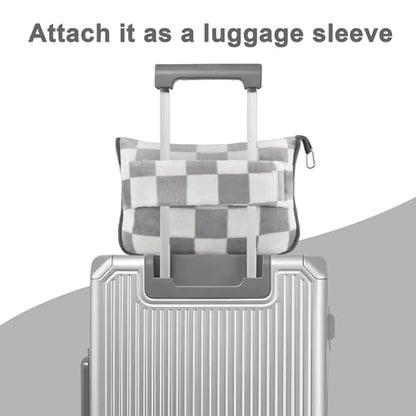 Travel Blanket and Pillow Compact, Premium Soft 2 in 1 Airplane Blanket with Soft Bag Pillowcase，Hand Luggage Sleeve and Backpack Clip (Grey Checkered) - color: Checkered Grey
