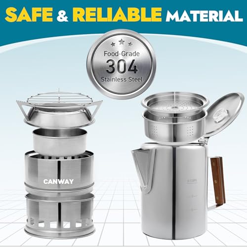 CANWAY Percolator Coffee Pot & Portable Camping Stove Set for Backpacking Hiking Stainless Steel Mini Wood Burning Stove 9 CUP Camping Stovetop Coffee Maker Outdoor Home with Carry Bag - style: Set