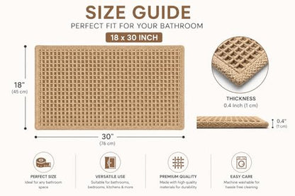 Waffle Bath Mat Non Slip Washable, Boho Bath Rug, Soft Absorbent Quick Dry Bath Mat for Shower Floor, Textured Waffle Weave Shower Rug, Farmhouse Bathmat Decor, 18x30 Inch