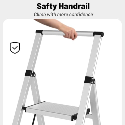 3 Step Ladder Aluminum Lightweight Folding Step Stool, 600lbs Max Load Heavy Duty Step Stool with Safety Handrail, Slim Foldable Kitchen Stool with Anti-Slip Pedal for Home Sliver，3 Steps - size: 3 steps