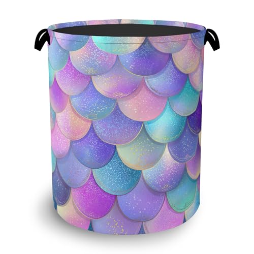Glitter Fish Scales Laundry Hamper,Mermaids Dirty Clothes Laundry Basket with Handles Waterproof Oxford Cloth Storage Basket for College Dorms Bathroom Bedroom 16" x 20.8" - color: Glitter Fish Scales Mermaids