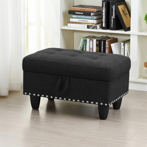Chesterfield Ottoman with Storage,28.5" Large Square Storage Retro Rivet Ottoman Footstool Bench Coffee Table with Thick Cushion for Home Decor/Entryway/Living Room/Bedroom/Rv Car,Black Linen - color: Black Linen