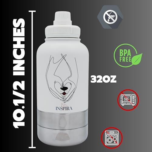 INSIPRA 32oz Dog Water Bottle with Food & Water Bowls – 3-in-1 Portable Pet Travel Bottle with Magnetic Phone Holder, Leakproof, BPA Free, Insulated - color: WHITE