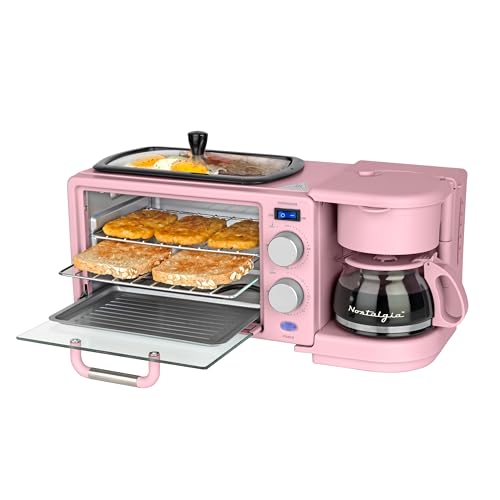 Nostalgia 3-in-1 Retro Breakfast Station - Includes 5 (4 Oz) Cup Coffee Maker, Non-Stick Ceramic Griddle, and 4-Slice Toaster Oven - Built-In Timer, Reusable Coffee Filter, Space-Saving Design - Pink - color: Pink, style: Modern Retro