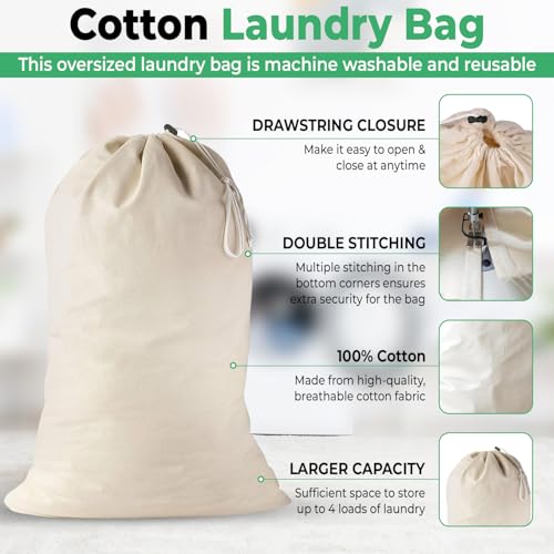 Large Cotton Laundry Bag, Heavy Duty Large Laundry Bags 24 x 36 inch Drawstring Travel Organizer Bag Fit Hamper Basket Camp (Beige, Pack of 1) - color: Beige, size: Pack of 1