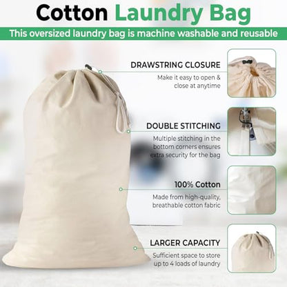 Large Cotton Laundry Bag, Heavy Duty Large Laundry Bags 24 x 36 inch Drawstring Travel Organizer Bag Fit Hamper Basket Camp (Beige, Pack of 1) - color: Beige, size: Pack of 1