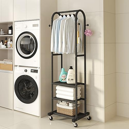 Dttwacoyh Metal Clothing Rack with Wheels and Hanging Hooks,Narrow Coat and Shoe Rack,Small Hall Tree,for Small Space, Bedroom, entryway, Walk-in Closet, Laundry Room– Black - color: Black