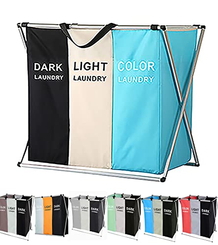 Laundry Cloth Hamper Sorter Basket Bin Foldable 3 Sections with Aluminum Frame 26InIn×24InInH Washing Storage Dirty Clothes Bag (3 Liner, Black + white + sky blue) - color: Black + white + sky blue