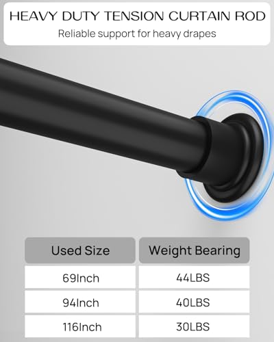 Tension Curtain Rod by EZFurni, 42-123 Inches, Heavy Duty Tension Rods for Windows, Adjustable Spring Loaded Curtain Rods No Drilling, Renter Friendly, Hold Up Blackout Curtains and Non Slip, Black - color: Black, size: 42-123 Inches