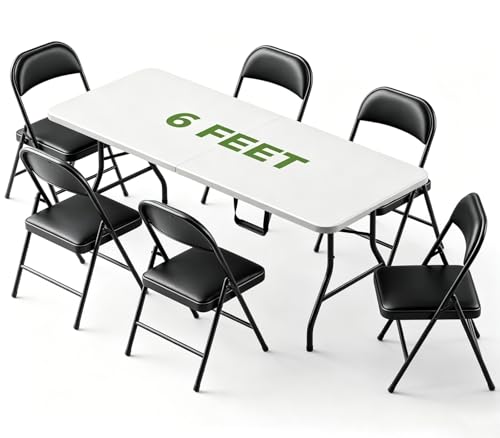 Folding Dining Table Set for 6, 6FT Foldable Plastic Table with Carrying Handle & 6 PU Leather Padded Folding Chairs, Portable Table and Chairs Set for Indoor Outdoor, Party, Wedding, Picnic, Camping - color: Black, size: 6FT