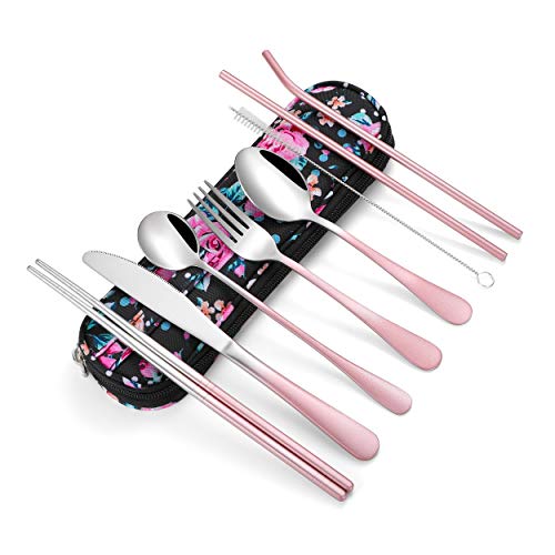 Travel Utensils,Reusable Silverware Set To Go Portable Cutlery Set with a Waterproof Carrying Case for Lunch Boxes Workplace Camping Picnic (GraPink) - color: Gradient Pink + TeaSpoon