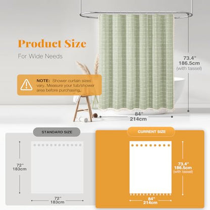 BTTN 84 Inch Wide Shower Curtain - W84xH72 Inch Boho Farmhouse Linen Fabric Thick Shower Curtain Set with 14 Plastic Hooks, Large Country Water-Resistant Cloth Bath Curtains for Bathroom - Sage Green - color: A - Sage Green, size: 84"W x 72"L (Pack of 1)