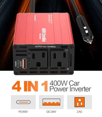 400W Car Power Inverter for Vehicles｜24W+65W USB C,12V DC to AC | 65w Fast Charger,2 AC Output,Aluminum alloy casing - color: RED