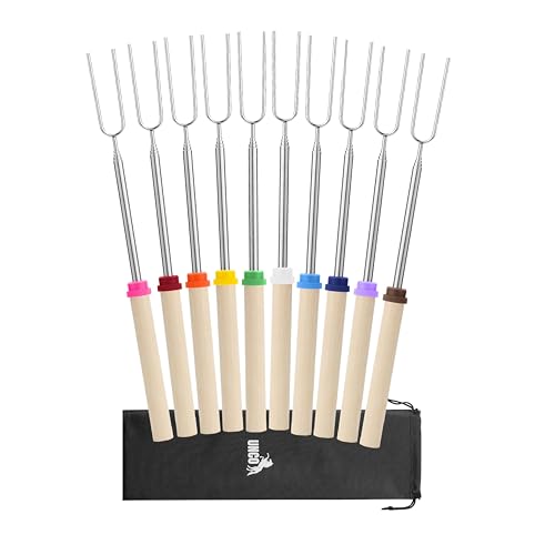 UNCO- Marshmallow Roasting Sticks with Bag, 32”, 10 Pack, Extendable Stainless Steel Smores Sticks for Fire Pit, Smores Skewers, Campfire Cooking Equipment - color: Wood, size: 10 Pack