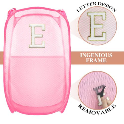 Collapsible Pop Up Laundry Hamper, Extra Large with Removable Initial Letter E, Mesh Foldable Laundry Basket, 28" x 16" x 16" (Pink) - color: 1P PinkE