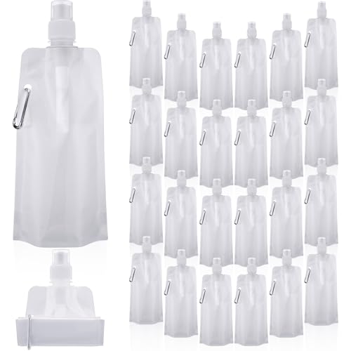 Teenyyou 24 Pack Collapsible Water Bottles Bulk 16oz Foldable Water Bottles with Carabiner Reusable Drinking Leak Proof Container Bags for Sport Biking Hiking Camping Travel Outdoor (White) - color: White