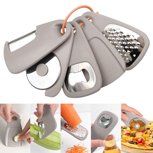 5 in1 Kitchen Gadgets, Peeler,Bottle Opener, Garlic Grinder,Cake cheese grater,Stackable Cooking Tools Space Saving for Small Kitchen, Accessories for RV Camper Inside Dishwasher Safe