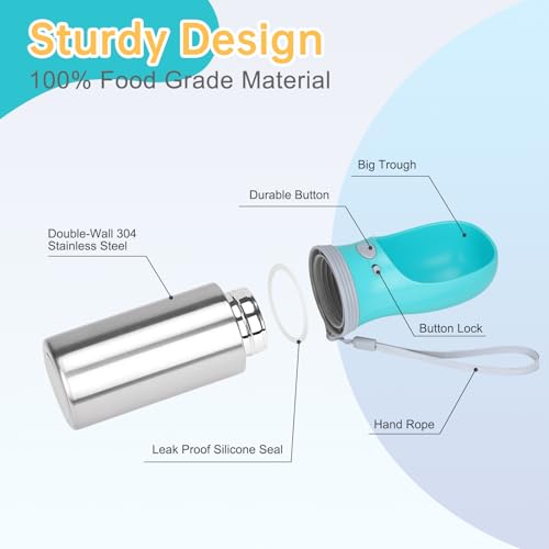 Portable Dog Water Bottle, 14 OZ, Stainless Steel Leak Proof Puppy Water Dispenser with Drinking Feeder for Pets Travel, Walking, Hiking and Outdoor Activities - size: 14 OZ - Blue, style: Button switch