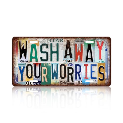 Vintage Bathroom Wall Decor Wash away your worries License Plate | Metal Sign Tin Signs - color: plate-A-17