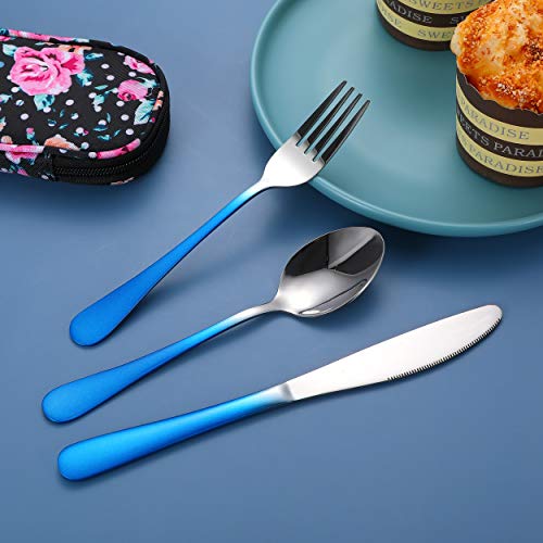 Travel Utensils,Reusable Silverware Set To Go Portable Cutlery Set with a Waterproof Carrying Case for Lunch Boxes Workplace Camping Picnic (GraBlue) - color: Gradient Blue + TeaSpoon