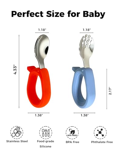 Toddler Utensils, Stainless Steel Baby Forks and Spoons Set with Silicone Handle, Kids Silverware with Portable Storage Case, Baby Feeding Essentials, Dishwasher Safe (Blue+Red) - color: Blue+Red