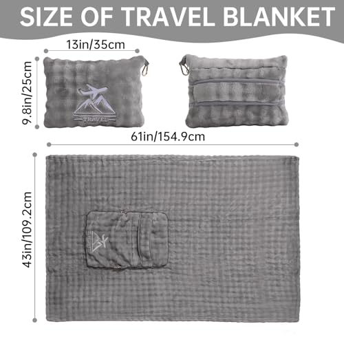 Travel Blanket and Pillow-2-in-1, Ultra-Soft&Compact, One-Piece Airplane Blanket with Hand Luggage Belt and Backpack Clip,Travelers Accessories Gifts, 61x43 Inches (Gray) - color: Gray