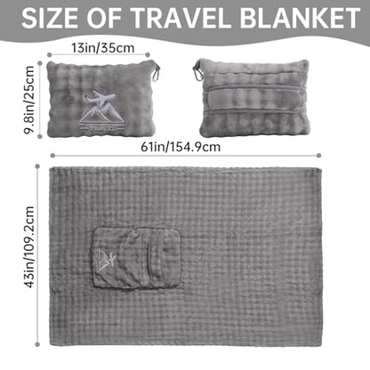 Travel Blanket and Pillow-2-in-1, Ultra-Soft&Compact, One-Piece Airplane Blanket with Hand Luggage Belt and Backpack Clip,Travelers Accessories Gifts, 61x43 Inches (Gray) - color: Gray