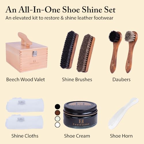 FootFitter Beech Wood Valet Box, Premium Shoe Shine Organizer with Classic Storage for Polish, Brushes, Cloths & Tools - color: Classic Creams Set