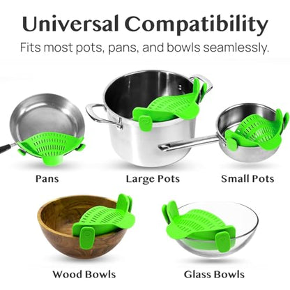 Kitchen Gizmo Snap N' Strain Clip On Strainer for Pots and Pans - Collapsible Silicone Pasta Strainer and Kitchen Gadget for Cooking - Easy to Use, Heat Resistant and Space Saving Colander - Green - color: Lime Green