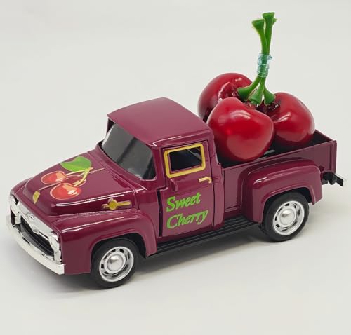 Cherry Decor – 4.9″Sweet Cherry Mini Vintage Metal Truck with 3 Fake Cherries for Themed Party Decorations, Home Kitchen Centerpieces for Tables, Farmhouse Pickup Truck Tiered Tray Decor Gifts - color: Cherry-burgundy