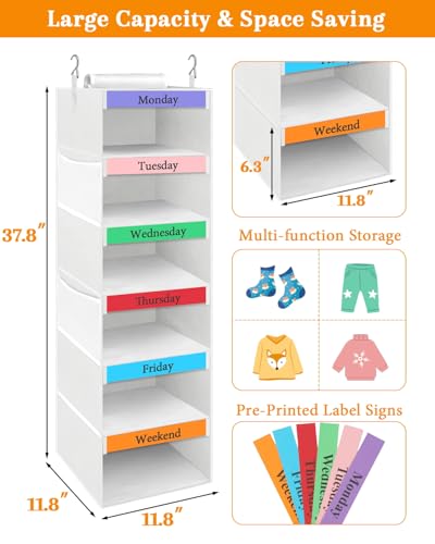 punemi Weekly Clothes Organizer for Kids, 6-Shelf Hanging Closet Storage with Side Pockets, Days of The Week Design, 11.8" x 11.8" x 37.8", Perfect for Organizing a Week's Worth of Kids' Clothing