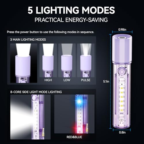 VAVOFO Purple LED EDC Flashlight - USB-C Rechargeable, Waterproof, Zoom Focus, 3 Modes, Red & Blue Emergency Strobe - Best for Outdoor, Tactical, and Survival Use - color: Pink