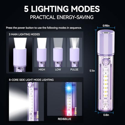 VAVOFO Purple LED EDC Flashlight - USB-C Rechargeable, Waterproof, Zoom Focus, 3 Modes, Red & Blue Emergency Strobe - Best for Outdoor, Tactical, and Survival Use - color: Pink