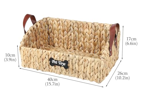 Trapezoid Pet Dog Toy Basket,Medium Dog Toy Bin,Wicker Storage Basket for Dog Cat Toys,Dog Storage Organizer for Leash Blanket Toys Snacks -Natural Farmhouse Water Hyacinth