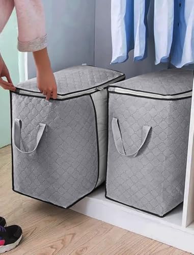 2-Pack Heavy-Duty Storage Bags with Zipper | Waterproof Moving & Travel Storage Organizers | Foldable Reinforced Handles for Clothes, Bedding,Blankets | Space-Saving,Horizontal Style,Grey - color: Grey