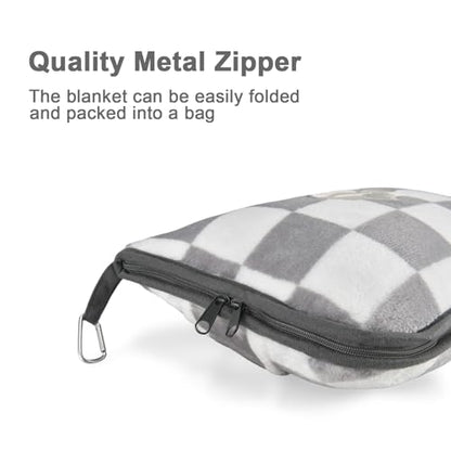Travel Blanket and Pillow Compact, Premium Soft 2 in 1 Airplane Blanket with Soft Bag Pillowcase，Hand Luggage Sleeve and Backpack Clip (Grey Checkered) - color: Checkered Grey
