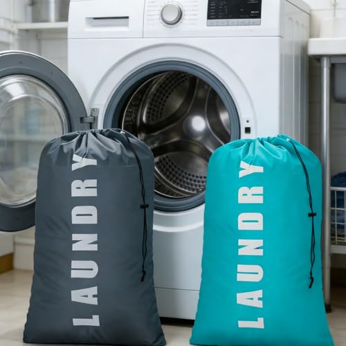 2 Pack XL Travel Laundry Bag, Dirty Clothes Organizer with Drawstring, Large Enough to Hold 4 Loads of Laundry， Easy Fit a Laundry Hamper or Basket，24" x 36" - color: Grey&Blue