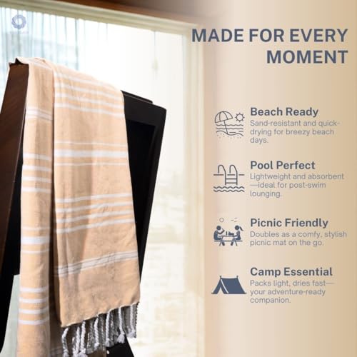 Cotton Turkish Beach Towel with Towels Oversized 36"x72" Pool Absorbent Extra Large Quick Dry Sand Travel Towel (Desert Sand, 2 Pack) - color: Desert Sand, size: 2 Pack
