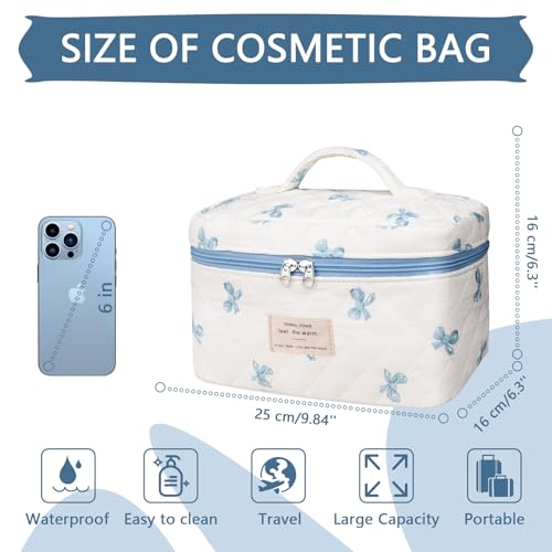 Gosect Large Makeup Bag, Cute Cosmetic Bag for Women Girls, Floral Coquette Aesthetic Toiletry Bag, Travel Make Up Organizer Bag (White Blue Butterfly Flower) - color: 080White Blue Butterfly Flower
